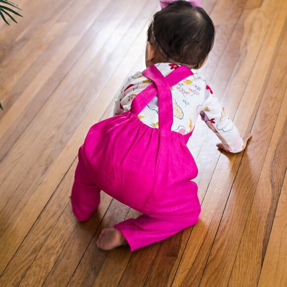 Beya Made Magenta Hot Pink Grow with Me Linen Overalls 12M - Picture 11 of 13